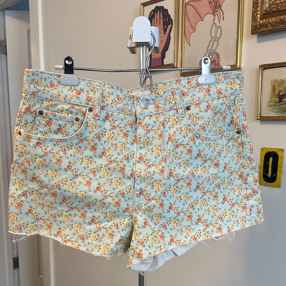 Zara Floral Print Jean Shorts - Blue and Orange
